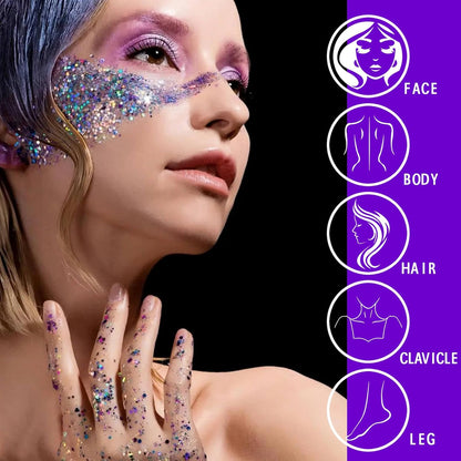 MEICOLY Purple Face Body Glitter,Mardi Gras Outfit for Women,Sparkle Mardi Gras Accessories,Chunky Glitter Face Paint,Face Eye Lip Hair Music Festival Rave Glitter Makeup,Body Glitter Gel for Women