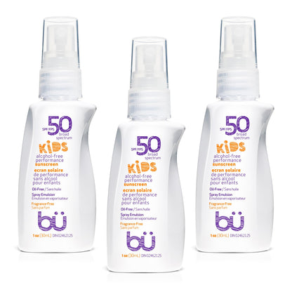 BU SPF 50 Kids Sunscreen Spray for Face and Body, Non Aerosol Spray, Fragrance Free, Clear, Non Greasy, Water Resistant, Fragrance Free 1 oz (3 Pack)
