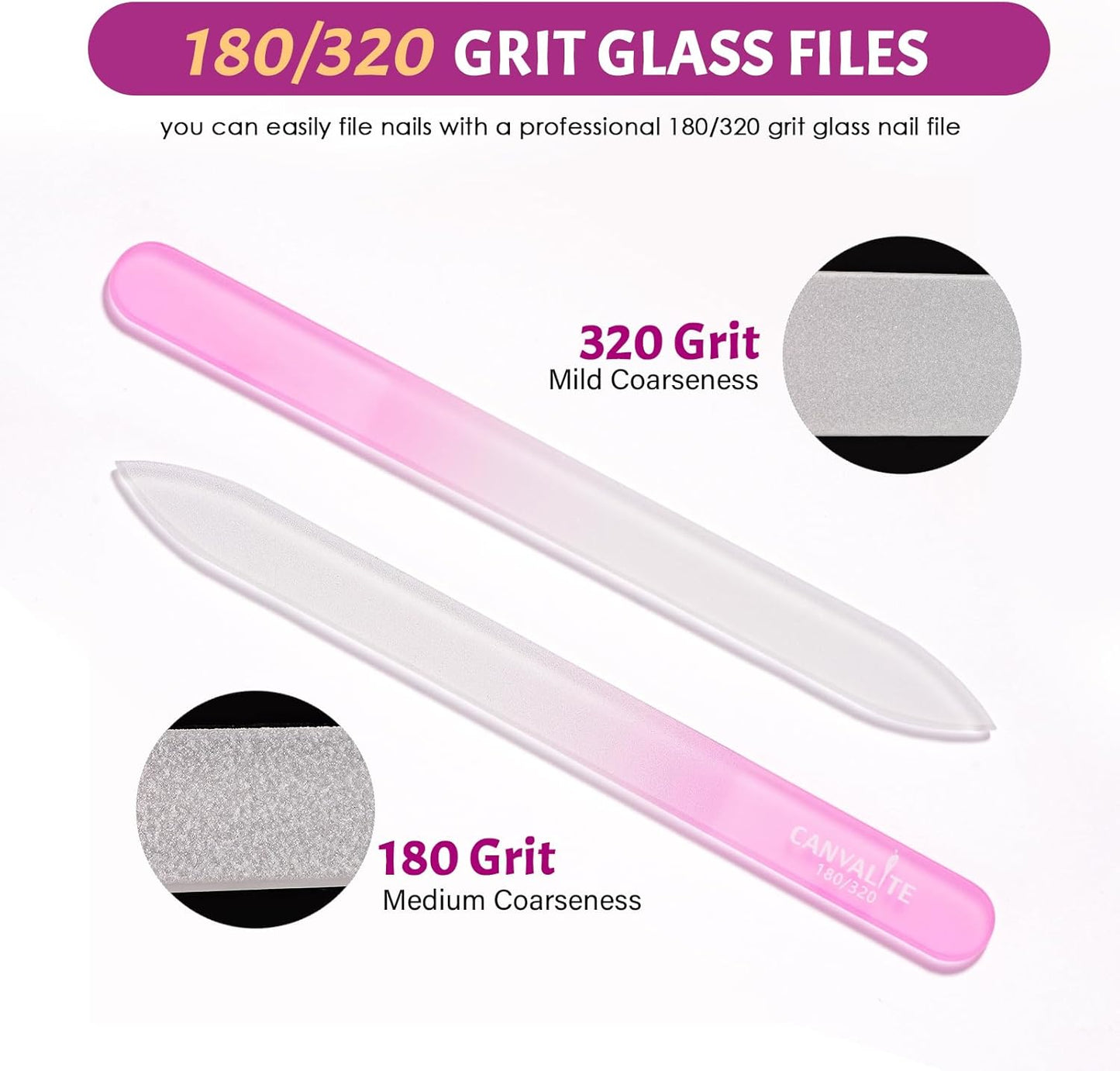 CANVALITE Glass Nail Files for Natural Nails Glass Fingernail File with Case Double Sided 180/320 Grit Stocking Stuffers for Women Girls, Pink