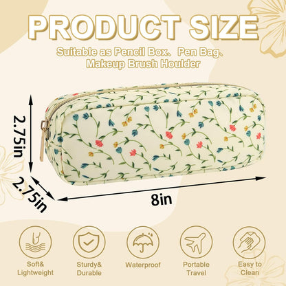 Waterproof Small Floral Pencil Case Makeup Bag for Purse,Cute Flower Pencil Pouch Preppy Nylon Makeup Brush Holder with Zipper,Girls Portable Storage Case Pen Bag for Work(Slim Light Yellow-Flowers)