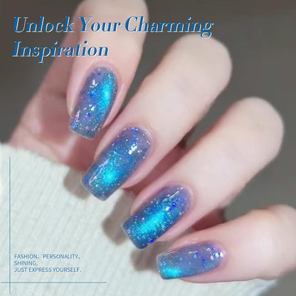 BORN PRETTY Blue Cat Magnetic Eye Gel Nail Polish Shimmer Glitter Holographic Aurora Blue Magnetic Gel Polish Nail Art Manicure DIY at Home 15ML