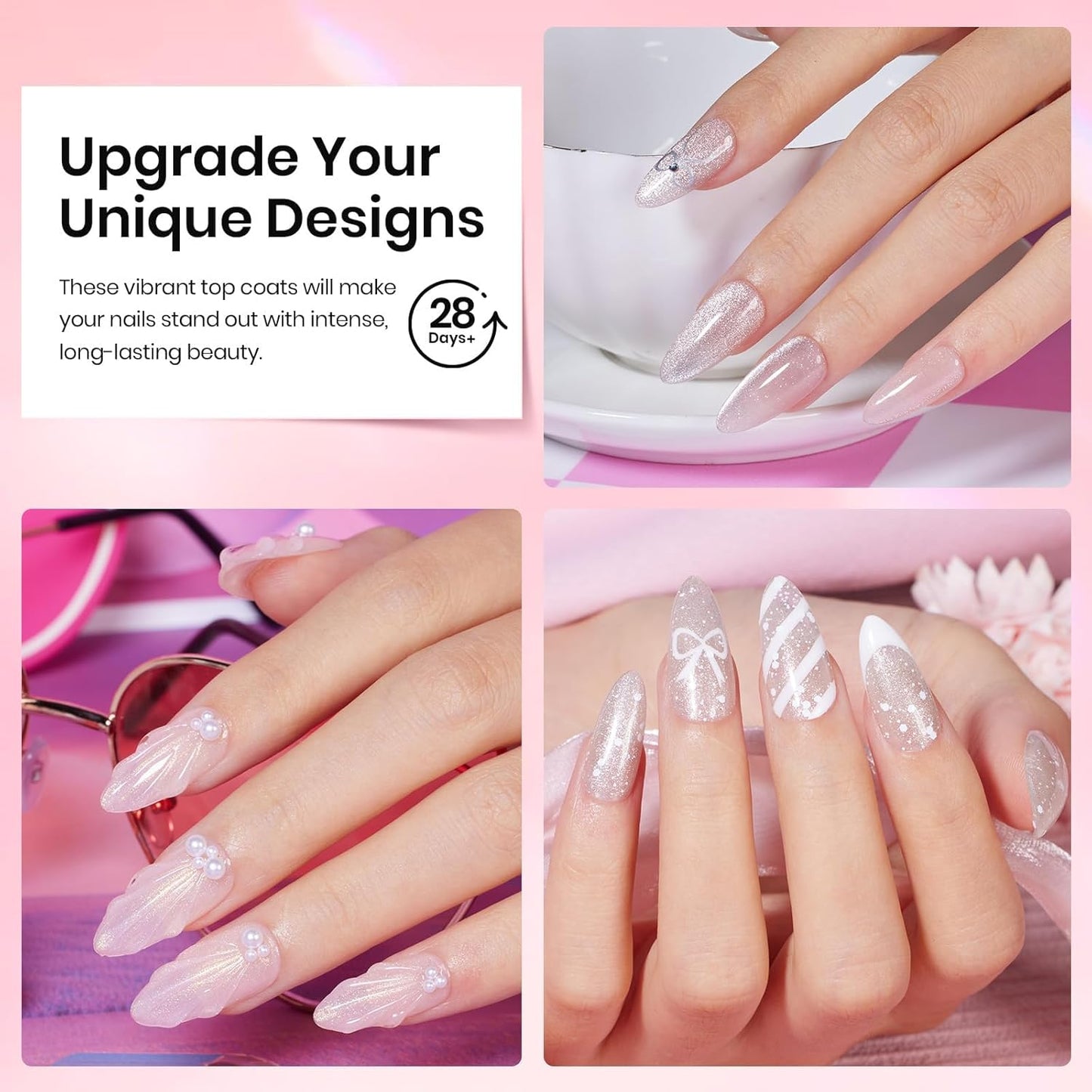 Beetles Glitter Gel Top Coat 8Pcs Holographic Glitter Gel Nail Polish Top Coat Cat Eye No Wipe Glossy Sparkly Finish Long Lasting Soak Off U V LED Salon DIY Gift for Women Girls