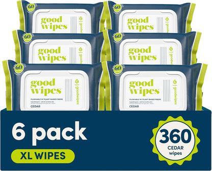 Goodwipes Flushable Butt Wipes Made with Vitamin E & Aloe - Soft & Gentle Wet Wipe Dispenser for Home Use, Septic & Sewer Safe - Largest Adult Toilet Towelettes - Cedar, 360 Count (6 Packs)