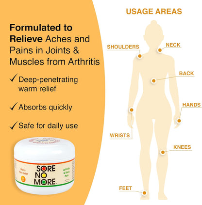 Sore No More Warm Arthritis Pain Relief Cream – Targeted Reliever for Back, Neck, Hands & Feet – Soothing & Fast-Acting Formula for Aches and Pains – Non-Greasy with Orange Aroma – 8 oz