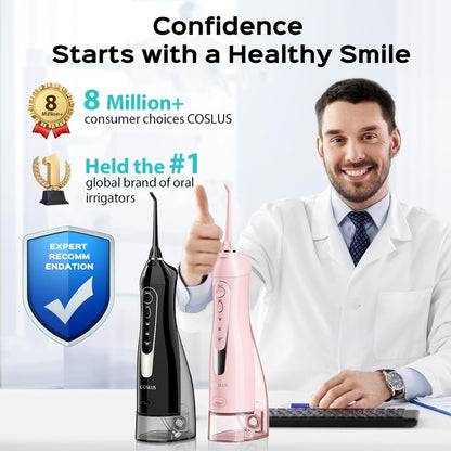 COSLUS 2 Pack Cordless Water Flosser with Elegant Packaging for Teeth, Braces, Gums Care - Easy to Use, Rechargeable, Waterproof, Portable for Travel, BPA-Free, Black & Pink, C20(F5020E)