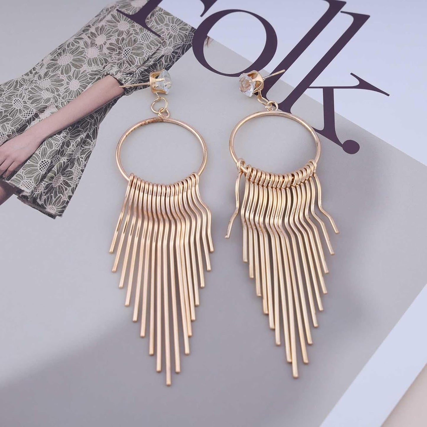 Boho Circle Bar Drop Earrings Hollow Circle Dangle Earrings Gold Chain Tassel Earrings Long Metal Tassel Earrings Jewelry for Women