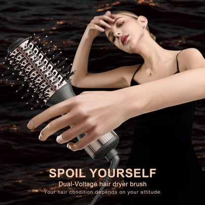 Travel Dual Voltage Blow Hair Dryer Brush 4-IN-1 Portable Mini Hot Air Dryer Straightener & Curler Brush, Titanium 2-Inch Blowout Styler Volumizer Tool, 110/240V US/EU/UK Plug for International Travel