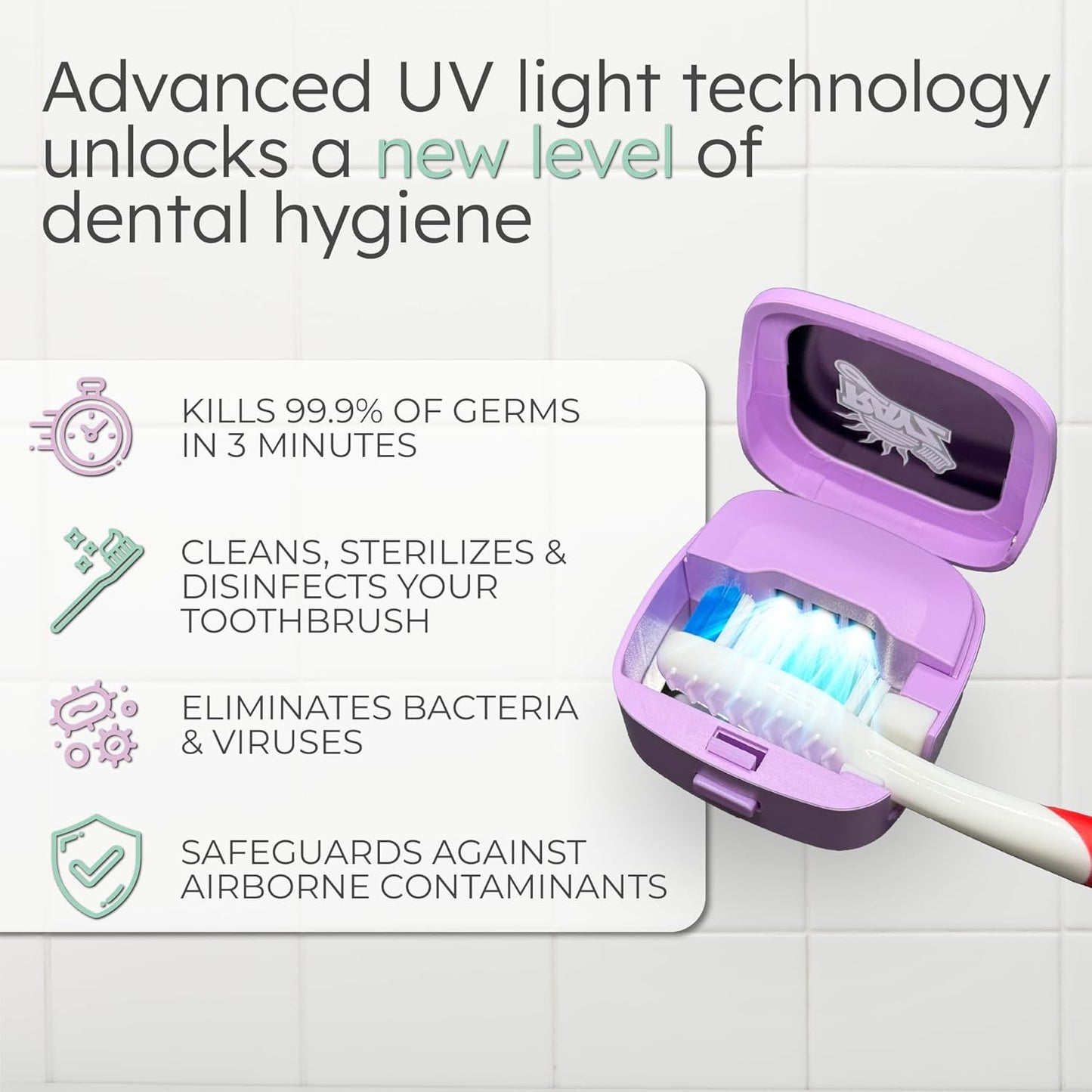 Rayz UV-C Toothbrush Sanitizer | Portable & Rechargeable | 99.9% Sanitization in 3 Minutes | Wall Mountable, Travel-Friendly & TSA-Approved (Lavender)