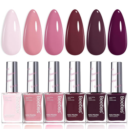 Beetles Nail Polish Set - Twilight Rose 6 Colors Quick Dry Baby Pink Burgundy Red Purple Plum High-Gloss Long-Lasting Nail Polish for DIY At-Home Manicure Fall Gift for Women