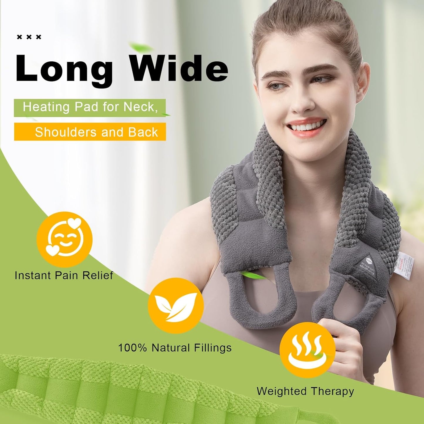 UNCN Long Wide Heating pad for Neck and Shoulders Back 33 * 5.9" microwavable Large Moist Heat Pack Warm hot Compress Neck wrap Weighted Bag Massage Reusable Herbal Nature Calming Portable 1.95Pounds