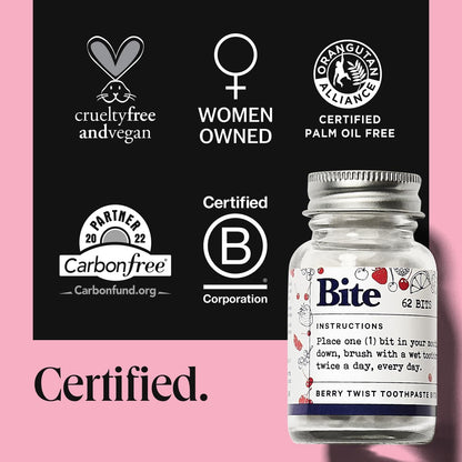 Bite Whitening Toothpaste Tablets – Nano Hydroxyapatite & Xylitol (Berry Twist) | Sensitive Teeth & Kid-Friendly | No Fluoride, Vegan, Cruelty-Free | Travel-Size | 2 Bottles (124 Bits) | Made in USA