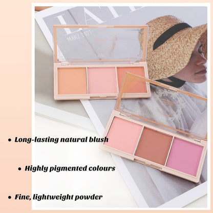 Boobeen 3 Color Blush Palette, Matte Pink Blusher, Blush Powder for Cheeks Makeup, Long Lasting Face Beauty Blush, Light and Smooth