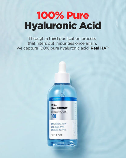 WELLAGE Real Hyaluronic Blue Ampoule 100, Korean Serum, Fragrance Free Hyaluronic Acid Ampoule with Panthenol, Wild yam, Centella for Sensitive Dry Skin Moisturizer 2.54 fl.oz