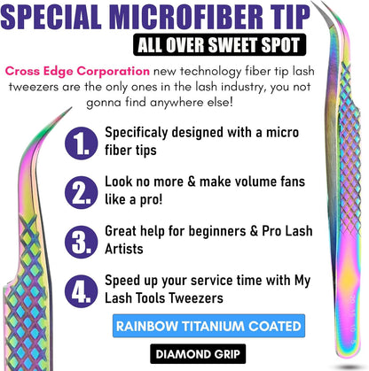 Fiber Tip Tweezers for Lash Extensions Professional Eyelash Extension Tweezer, Fiber Grip Curved Lash Fan Making Tweezers for Volume lashes Extensions (Rainbow, 1Pc)