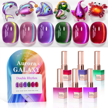 Double Rhythm Cat Eye Gel Nail Polish Set of 6 Same Color Same Bottle 0.5 Oz Shimmer Glitter with Magnet Holographic Reflective Magnetic UV Nail Polish Kit at Home (Aurora Galaxy Burgundy-T6-58)