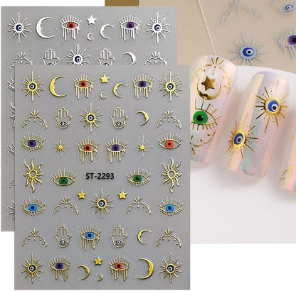 12 Sheets Gold Eye Nails Stickers Decals Star Sun Design Nails Art Stickers 3D Self-Adhesive Snake Moon Nail Art Decals for Women DIY Nail Decorations