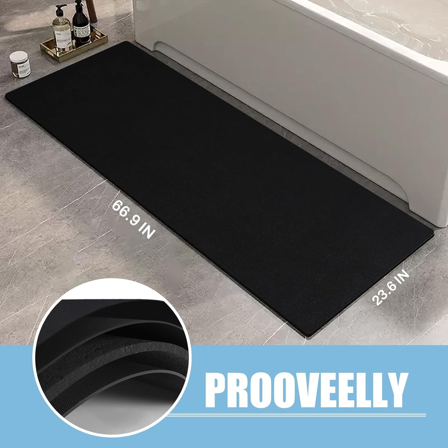 Diatomaceous Earth Bath mat Bathroom Rugs Super Absorbent Quick Dry Non Slip Bath Mat Thin Bathroom Floor Mats Fit Under Door-Shower Rug for in Front of Bathtub Shower, Black, 23.6"x66.9"