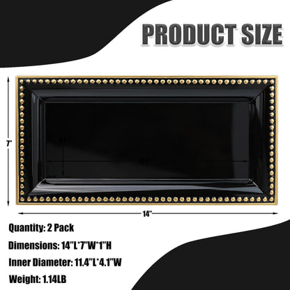 2 Pack Black Bathroom Vanity Tray for Countertop with Beads, Small Plastic Toilet Tank Versatile Storage Organization Tray for Makeup, Perfume, Desk, Kitchen, Candles, 14"x7"x1", 36B