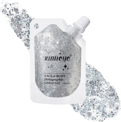 Holographic Face Glitter Gel Body Shimmer Makeup for for Hair, Face, Clavicle, Arm, Nail, Eyeshadow, Long Lasting Waterproof Mermaid Sequins Party Glitter for Rave Festival, 1.35oz (Pure Silver #10)