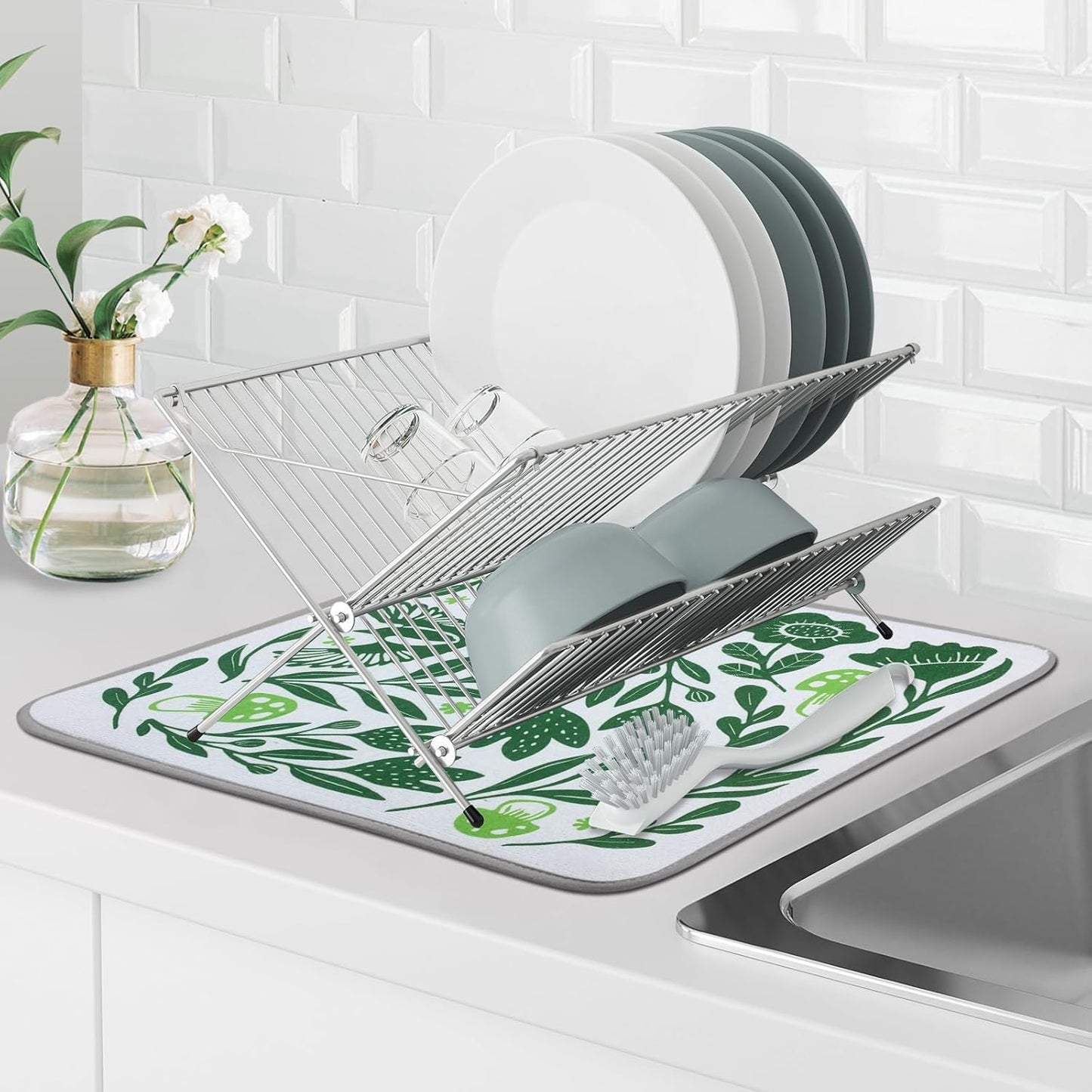 SHIYUE Dish Drying Mat for Kitchen Counter Super Absorbent Spring Kitchen Decor Microfiber Drying Matainers Rack Fast Pad Dish Drainer Mats(Green Flower Bird,16''x18'')