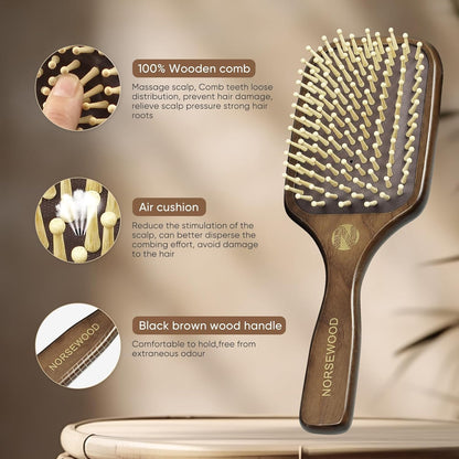 100% Natural Wood Hairbrush for Massaging Scalp,for Most Hair Types, Wooden Bristle for Reducing Damage, Scalp Massager Perfect for Women, Men & Kids