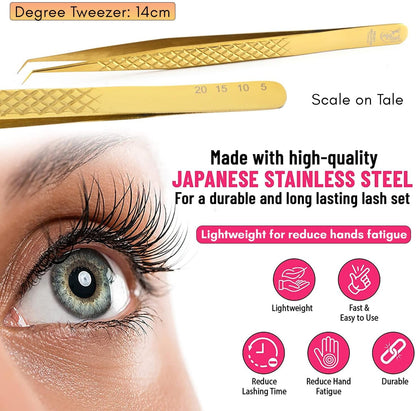 Curved Isolation Tweezers for Lash Extensions – Diamond Grip, Stainless Steel 14cm Best for Individual Isolation & Classic pinzas para pestaña (Gold titanium)