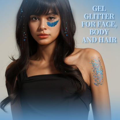Teenitor Face & Body Glitter - Blue, Hair Glitter Gel, 6 Shapes Festival Makeup Glitter for Face, Hair & Body