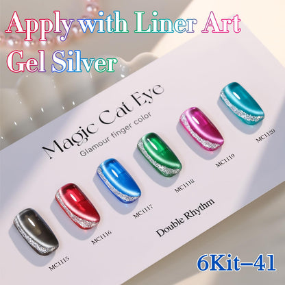 Double Rhythm Cat Eye Gel Polish Set 6 Colors Shimmer Glitter with Magnet Holographic Reflective Magnetic UV Gel Polish Art Kit (Black Burgundy Green Navy 6-Kit 41)