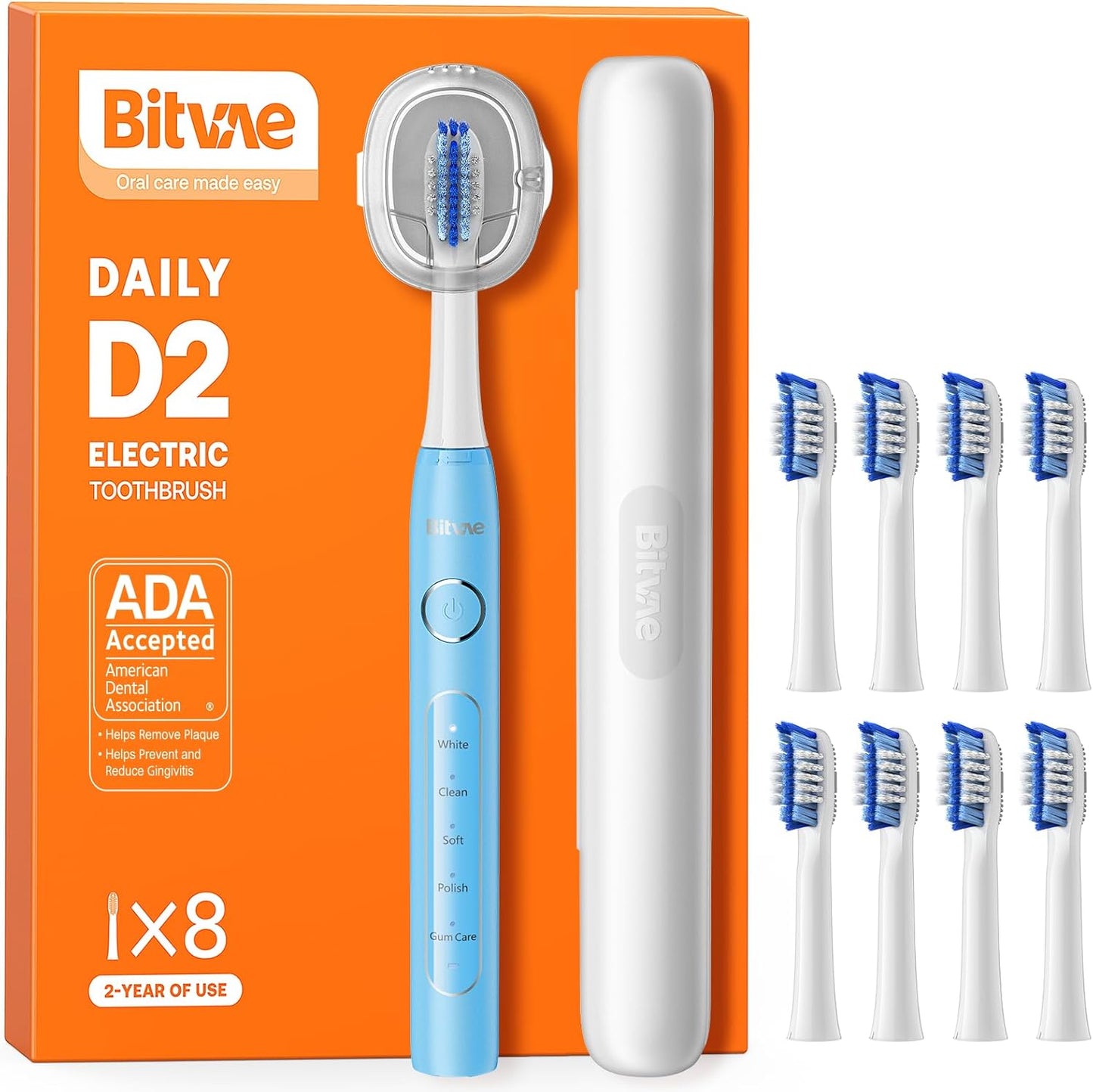 Bitvae ADA Accepted Electric Toothbrush, Travel Toothbrush Rechargeable for Adults and Kids, 60-Day Battery, 5 Modes, 8 Heads, Portable Travel Case & Holder, Sky Blue