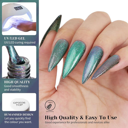 Aurora Green Cat Eye Gel Nail Polish,Iridescent Quicksand Galaxy Holographic Cateye Green Gel Polish with Magnet, Shimmer Velvet Soak Off Uv Led Home Diy Manicure GP0103