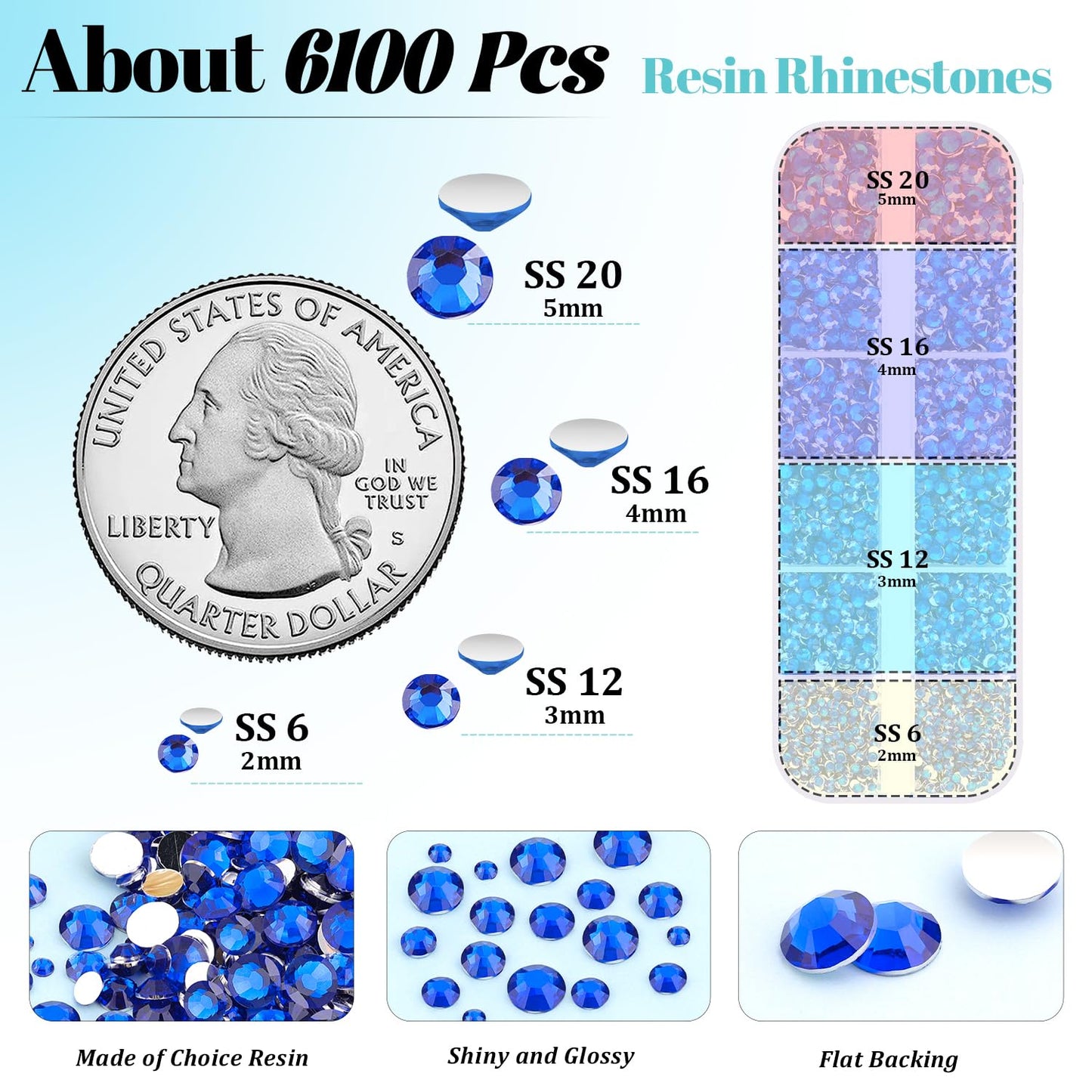 6100Pcs Royal Blue Rhinestones for Crafting with 2Pcs 10ml B7000 Jewelry Glue, 1 Box Flatback Crystals Diamond for Bedazzling Crafts DIY Nail Art Resin Gems for Clothing Shoes