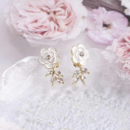 Vintage Crystal Flower Earrings Rhinestone Leaf Drop Earrings White Camellia Stud Earring Gold Cz Flower Bridal Earrings Jewelry for Women