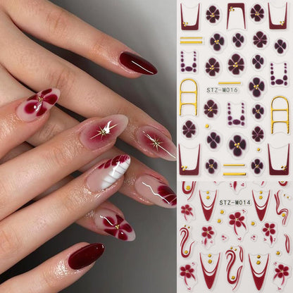 4Pcs Flower Nail Stickers for Nail Art - French Nail Art Stickers Autumn Winter Wine Red Brown Blue Floral Leopard Print Pattern 3D Self-Adhesive Nails Sliders Flowers Sticker for Nails Decoration