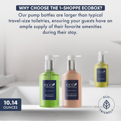 1-Shoppe Eco Botanics 20 Piece Ecobox All-In-Kit | White Tea and Honey Soap | 6 Shampoo, 4 Conditioner, 6 Body Wash & 4 Lotion | 10.14oz Hotel Soaps and Toiletries Bulk | Personal Care Products