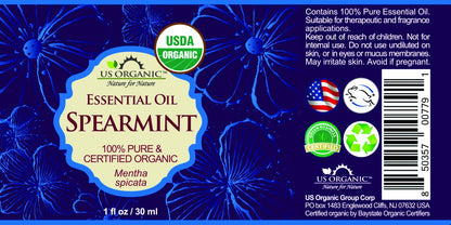 US Organic 100% Pure Spearmint Essential Oil - USDA Certified Organic, Steam Distilled - W/Euro droppers (More Size Variations Available) (30 ml / 1 fl oz)