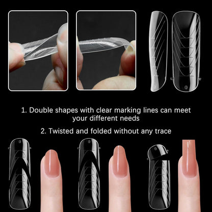 130 Pcs Poly Extension Gel Dual Nail Forms Nail Molds With Scale Builder Coffin Nail for Gel Manicure Nail Art Design Salon DIY at Home (Long Round-Head Dual Nail Forms Set)