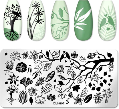 6pcs Nail Art Stamping Plates Set Manicuring Accessories Coconut Tree Leaves Flowers Birds Cactus Island Geometry Image Template for DIY Tips Decoration