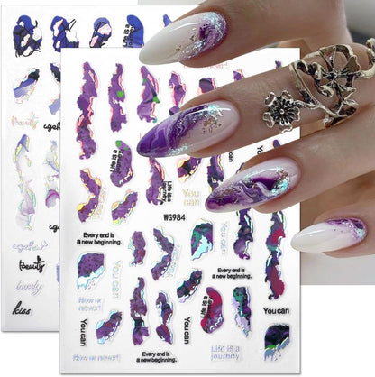 6 Color Marble Nail Art Stickers - Women's 3D Bronzing Silver & Watercolor Blooming Decals - Self Adhesive Foil Nail Designs