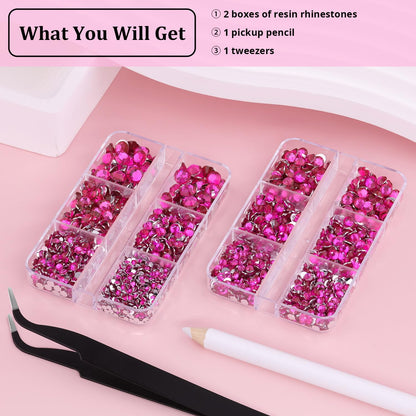 Resin Rhinestones for Crafting, 2 Boxeses Hot Pink Multi Sizes Flatback Bedazzling Crystals for Crafts Nail Art Deco, Non Hotfix Gems Charms for Tumbler Shoes Clothing Fabric Face Makeup