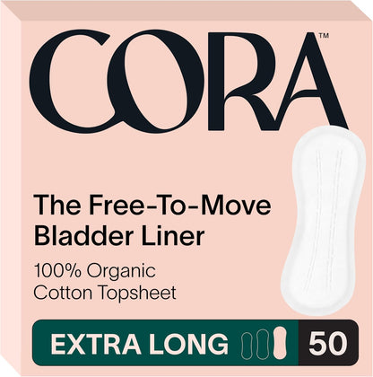 Cora Organic Bladder Liners | Ultra Thin Incontinence & Postpartum Pads for Women | Panty Liners for Bladder Leaks | Breathable Cotton (50 Extra Long)