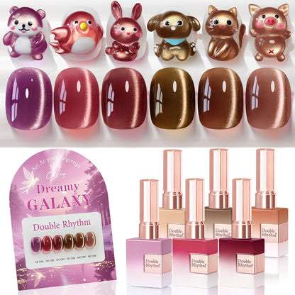 Double Rhythm Cat Eye Gel Nail Polish Set of 6 Same Color Same Bottle 0.5 Oz Shimmer Glitter with Magnet Holographic Reflective Magnetic UV Nail Polish Kit at Home (Rose Coffee Brown Red-T6-62)
