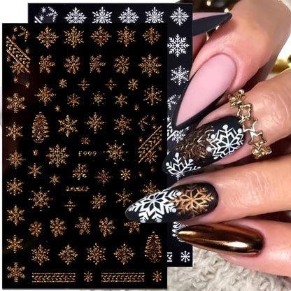 8 Sheets Gold Snowflakes Nail Art Stickers 3D Self-Adhesive Christmas Stickers Winter Nail Decals White Gold Designs Elk Snowflake Nail Supplies Holiday Nail Sticker for Nail Art DIY Christmas Nails