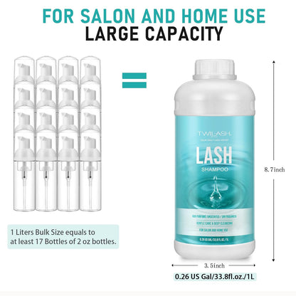 Lash Shampoo Bulk, Eyelash Cleanser for Extensions 1 Liter, Safe Makeup Remover, Non-irritating or Burning Formula Eyelid Foaming Cleanser for Professional Salon and Home Use (Unscented-1L)