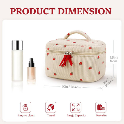 Prite Corduroy Large Travel Quilted Makeup Bag for Women Floral Cotton Cosmetic Bag Coquette Aesthetic Floral Toiletry Organizer Bag(Strawberry)