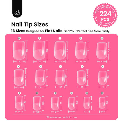 Beetles Tipex Instant Apex Nail Tips Kit, Extra Short Squoval 224Pcs 16 Sizes Pre-Building & Pre-Etched Gel Nail Tips Thicker Acrylic Nails False Nail Extension with Tipex Uv Nail Glue Mini Nail Lamp