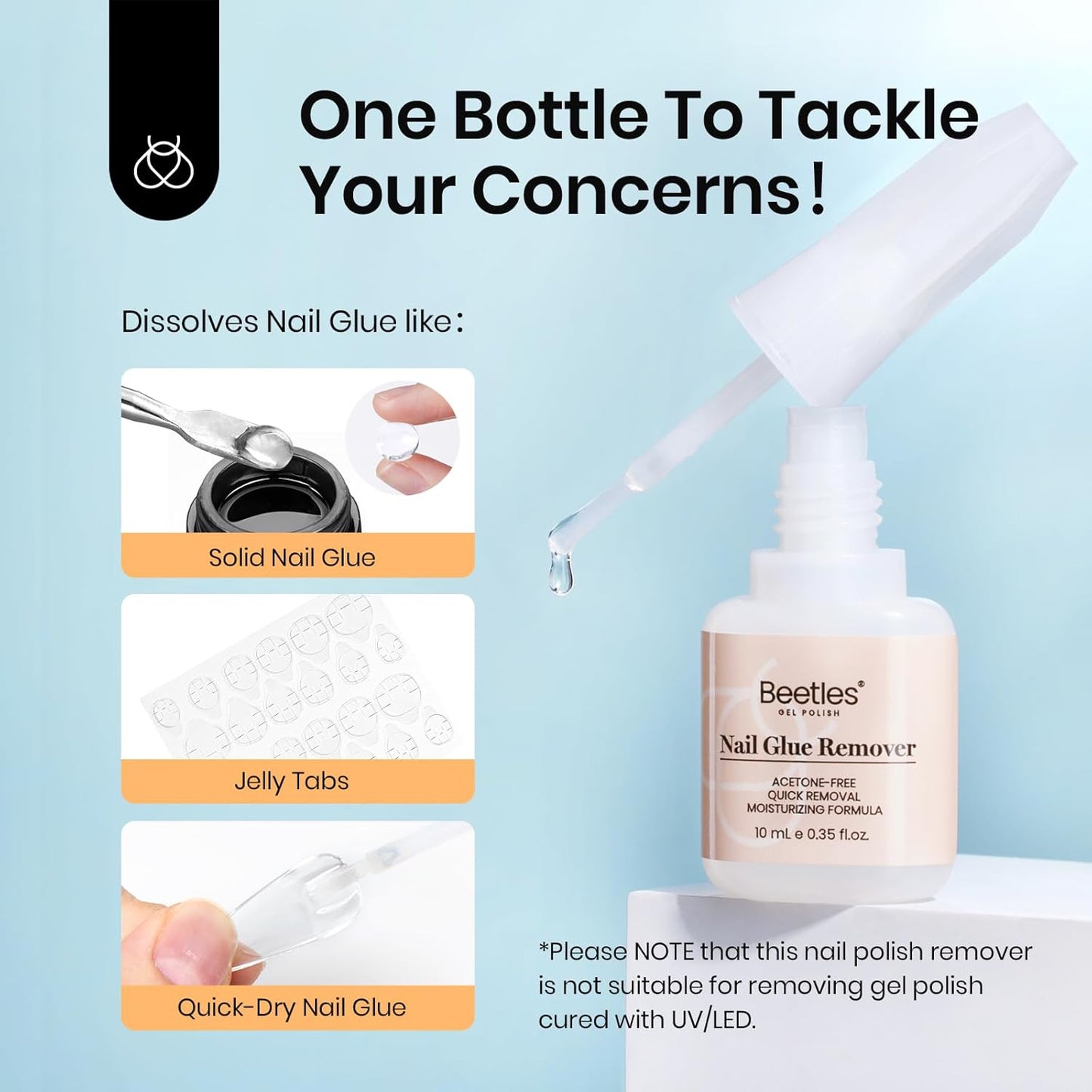 Beetles Nail Glue with Glue Remover Kit, 2 * 10ML Super Strong Easy to Remove Off Fake Nails Adhesive Remover with Cuticle Pusher