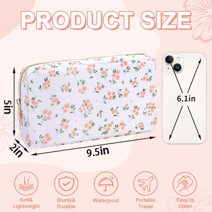 Waterproof Small Floral Makeup Bag Pouch for Purse,Nylon Flower Cosmetic Bag Preppy Travel Toiletry Storage Bag for Women Girl,Cute Makeup Organizer Bag Skincare Bag with Zipper(Small White-Flowers)