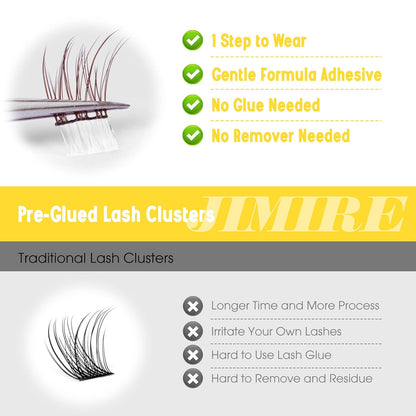 JIMIRE Brown Self-Adhesive Eyelashes - Press on Lash Clusters, Natural Look, Pre-Glued, Wispy 10-12MM Individual Lashes, Clear Band, Reusable Cluster Eyelash Extension