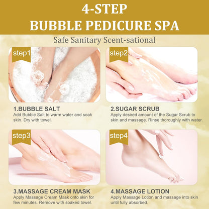 Pedicure Kit Foot Soak Set: Bubble Salt, Sugar Scrub, Massage Mask, Massage Lotion in a Box, 4 Step Foot Spa Kit for Dry Feet, Calluses and Tired Feet(1 Set Honey Flower)