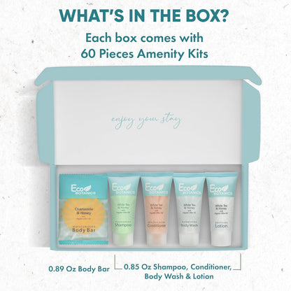 Eco Botanics Amenity Kit | Boxed Hotel Toiletries | Bulk Set .85 oz Travel Size Shampoo, Conditioner, Lotion, Body Wash & Body Bar Soap for Guest Hospitality AirBnB/Vacation Rentals | 60 sets per case